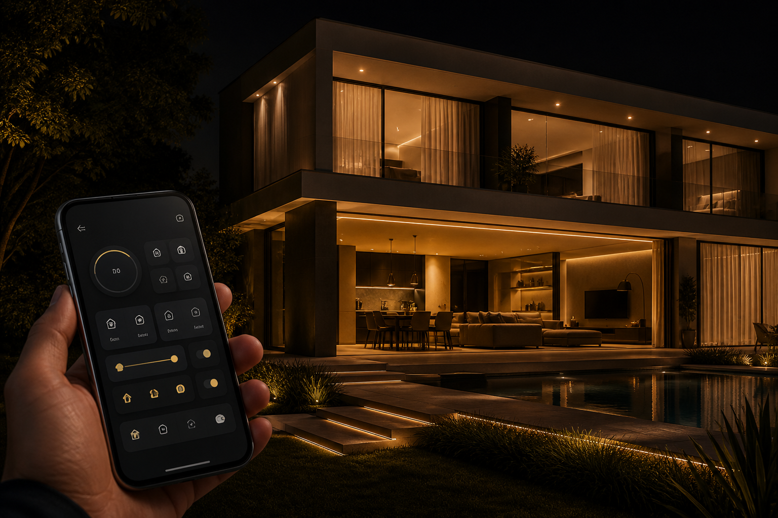 Casa contemporânea com iluminação automatizada controlada pelo celular